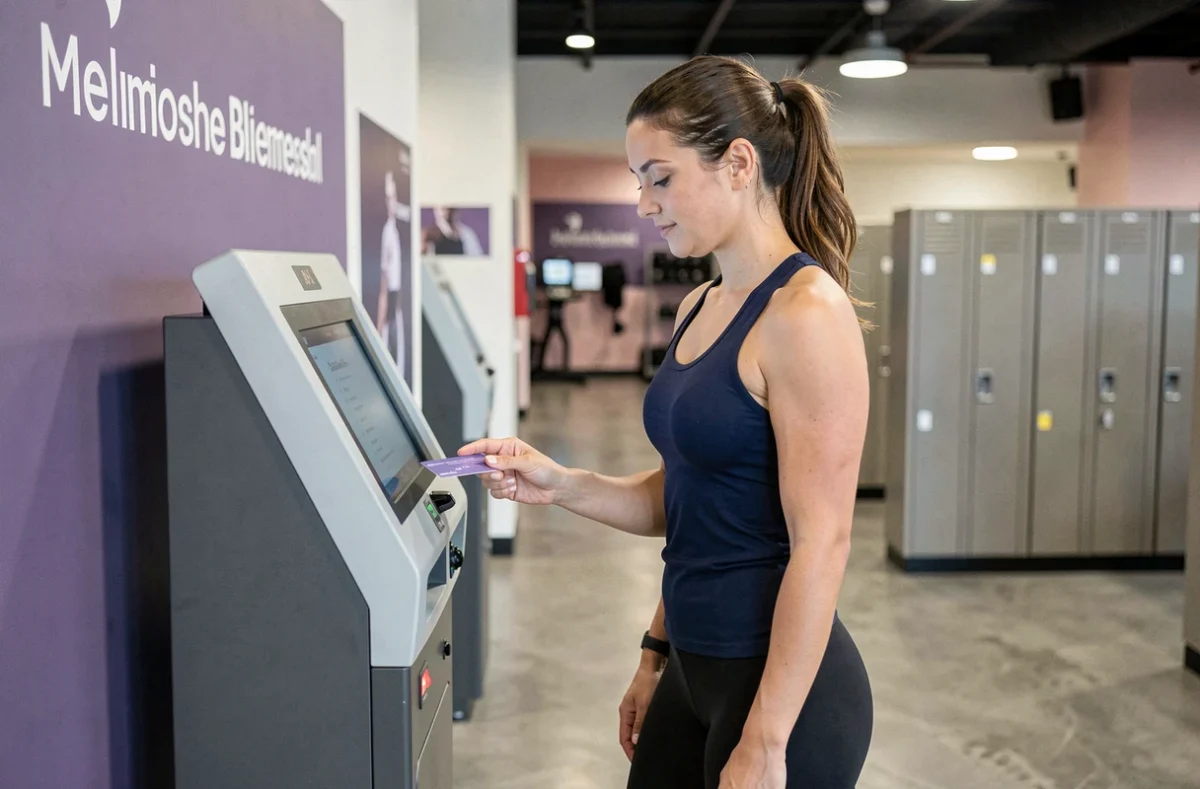 Femme en tenue de sport scannant sa carte d'abonnement Basic Fit à l'entrée d'une salle de gym moderne