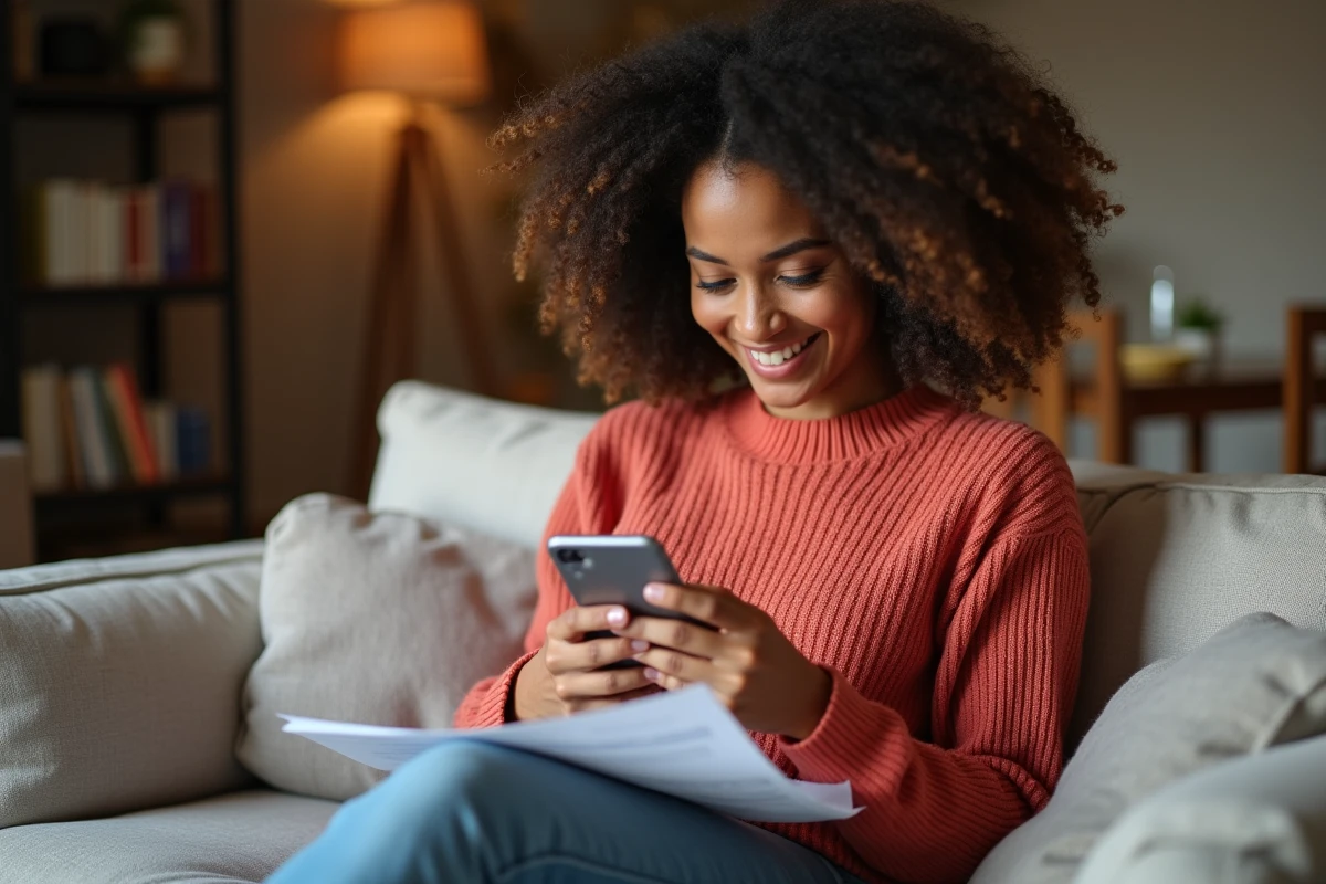 Jeune femme accédant à son bulletin de salaire Arkevia depuis son smartphone à domicile