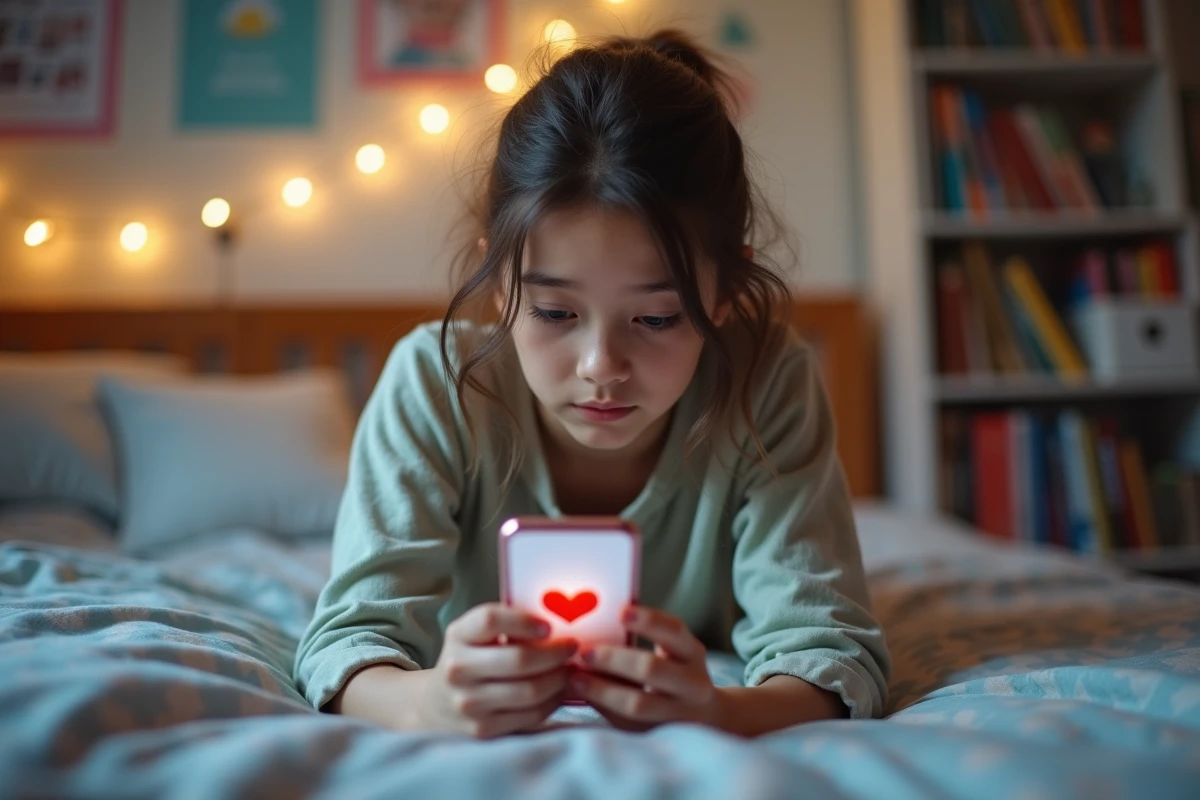 Adolescente allongée sur son lit regardant une notification de cœur rouge sur Snapchat