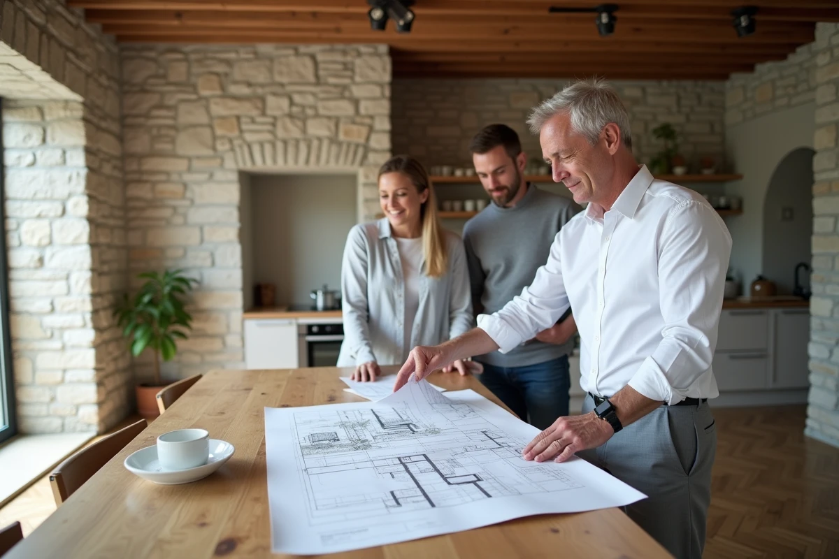 Agent immobilier présentant les plans d'un appartement rénové à un couple d'acheteurs à Rennes