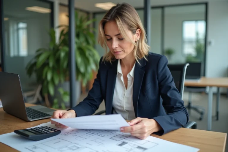 Agent immobilière iad calculant les frais d'agence sur une vente immobilière avec documents et calculatrice
