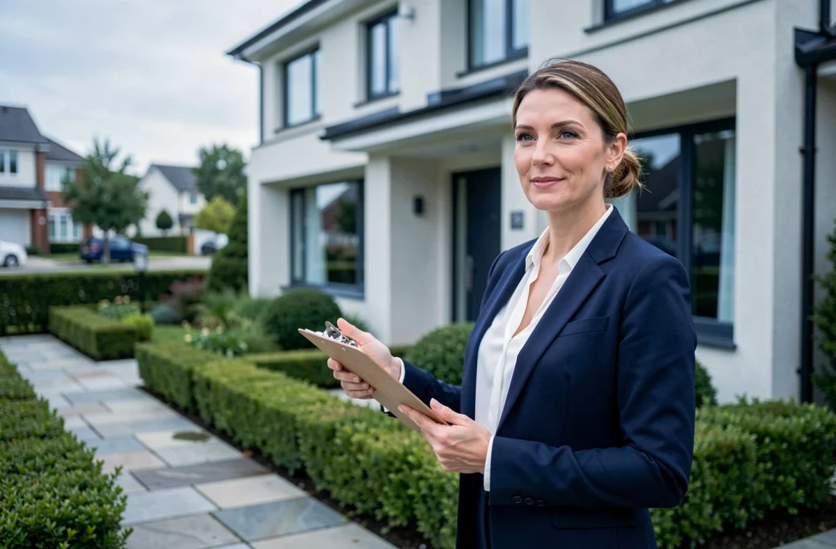 Agente immobilière devant une maison contemporaine à vendre, tenant un dossier et présentant le bien immobilier à des acheteurs potentiels