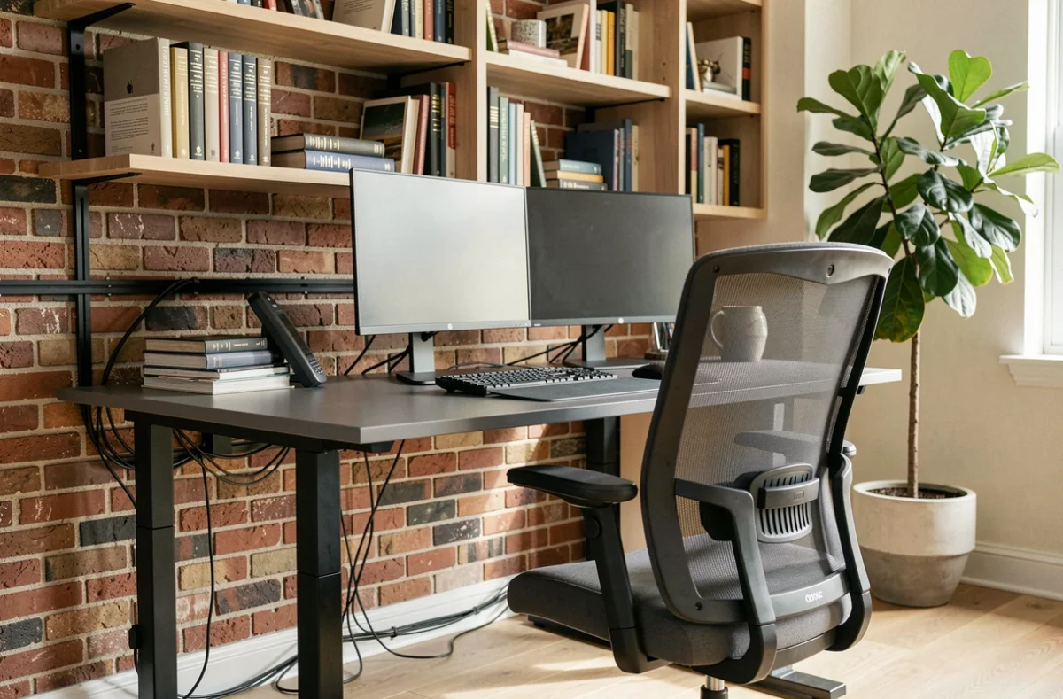 Bureau à domicile moderne avec bureau réglable et équipements ergonomiques pour améliorer l'intérieur