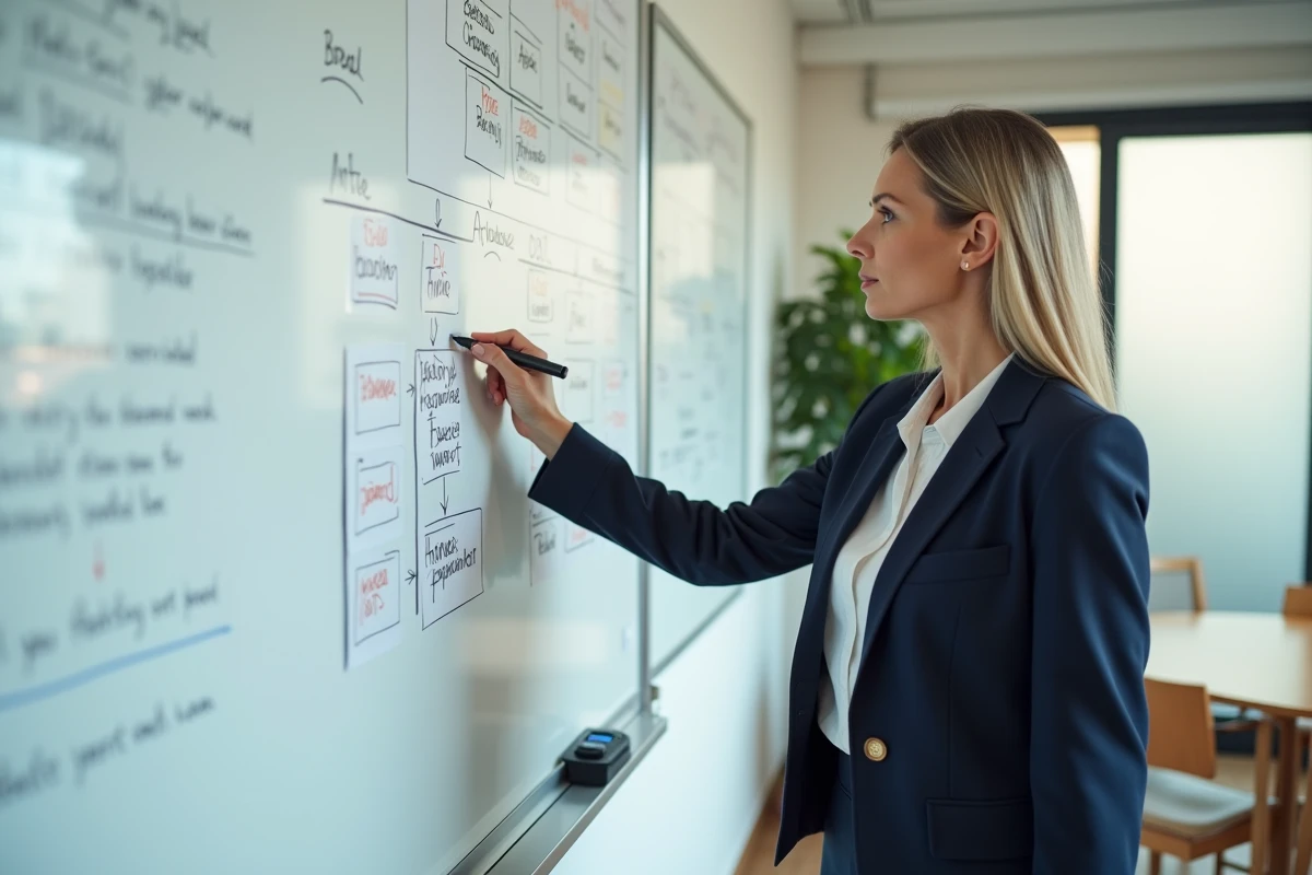 Femme cadre dirigeante présentant un organigramme organisationnel sur un tableau blanc dans une salle de réunion, symbolisant la gestion et la structure d'entreprise