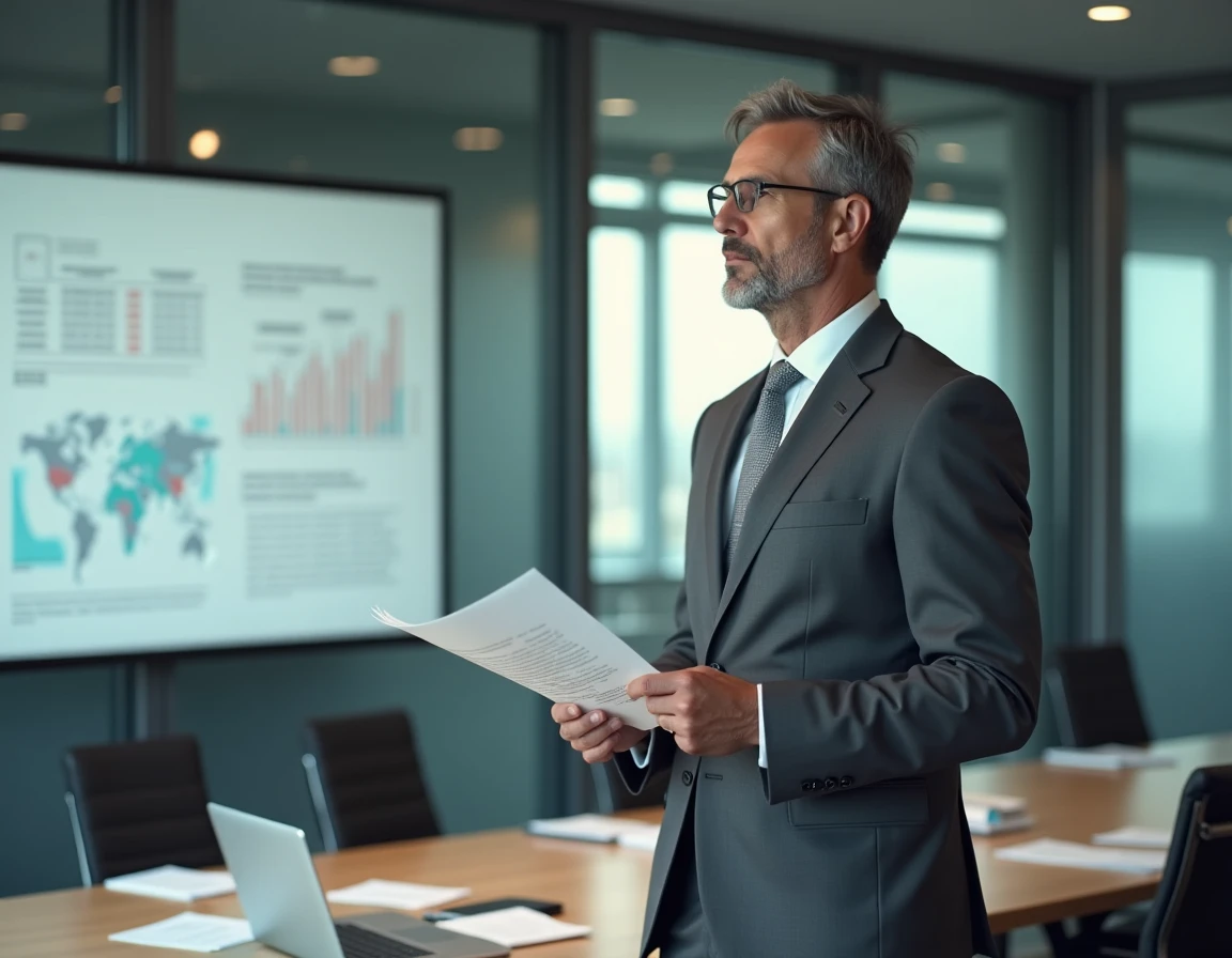 Cadre masculin dans une salle de réunion tenant un rapport de benchmark salarial des Big Four avec tableau de données en arrière-plan