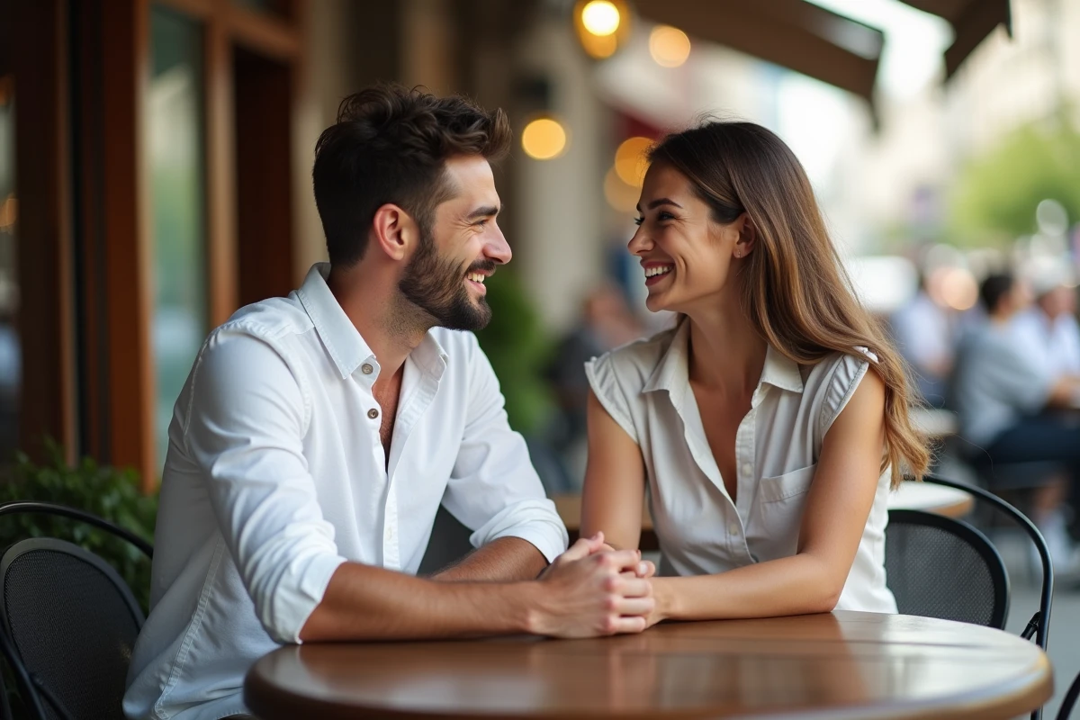 Deux jeunes adultes discutant dans un café en plein air