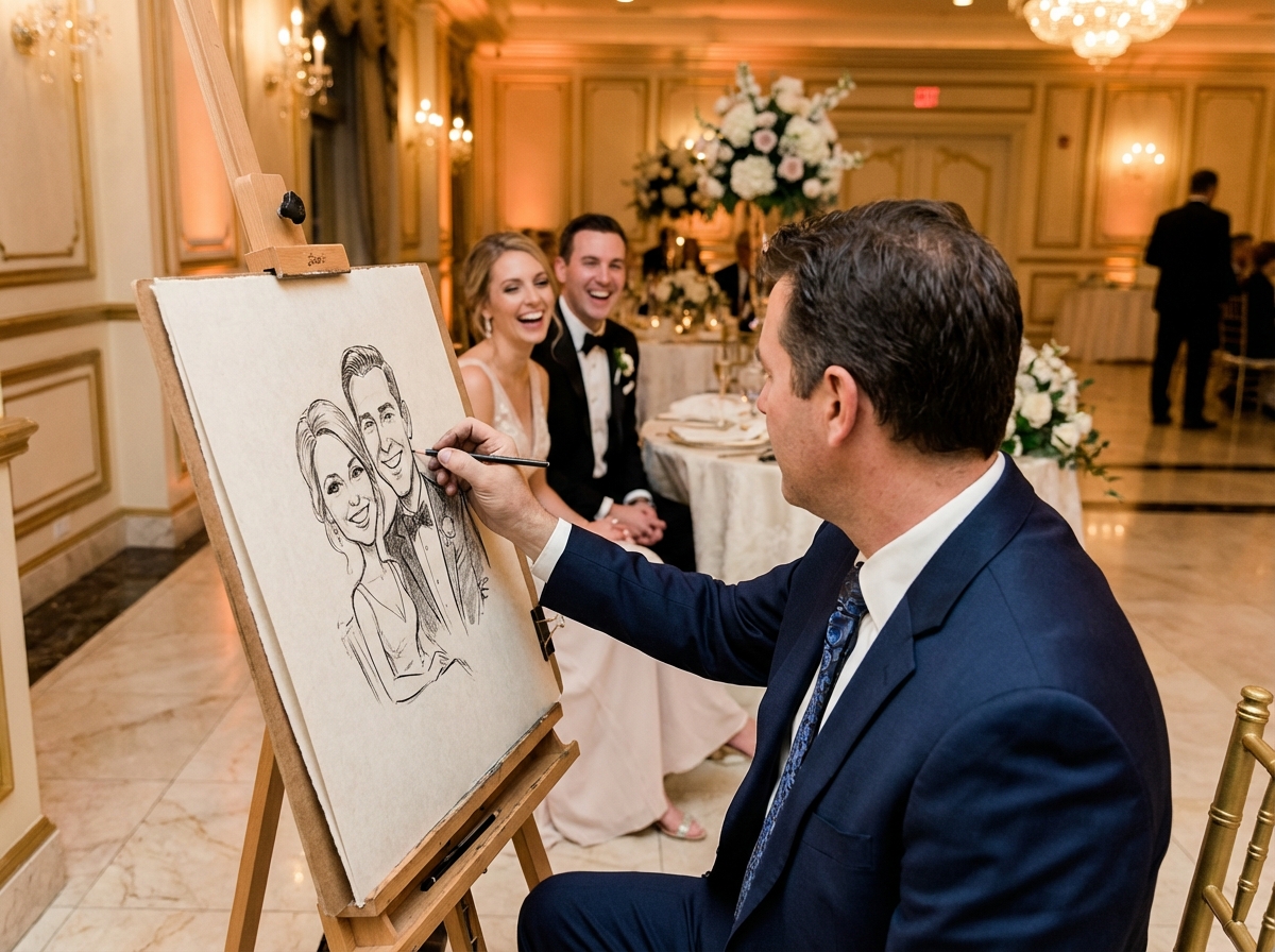 Artiste caricaturiste dessinant un couple lors d’un mariage