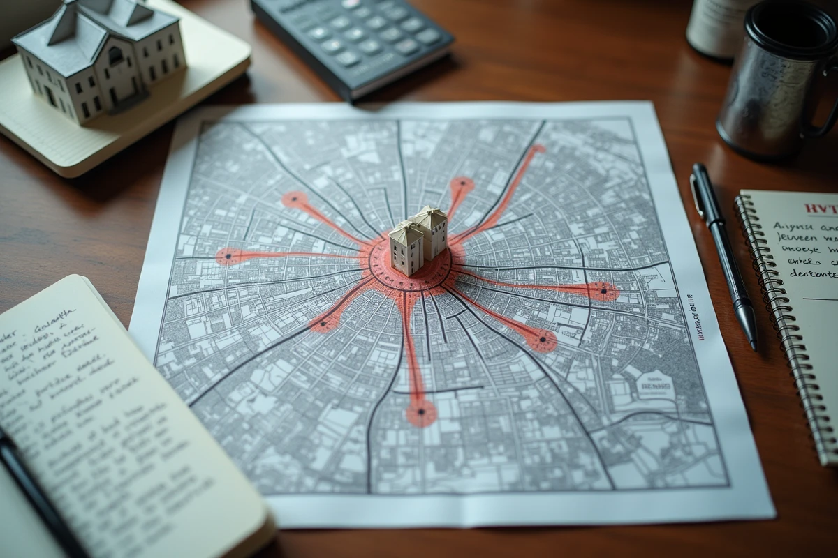Carte de Rennes annotée avec modèle architectural et notes d'investissement immobilier sur un bureau en noyer