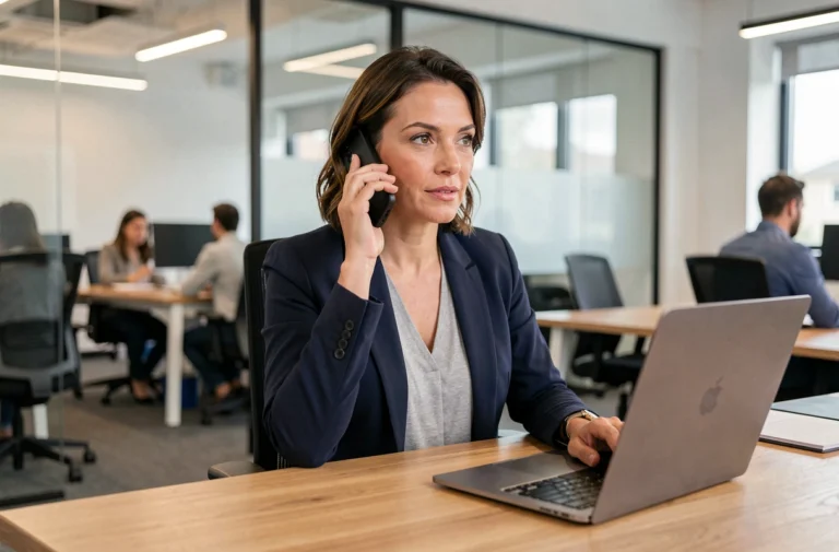 Cheffe d'entreprise de PME en communication avec une équipe d'experts par téléphone depuis son bureau moderne