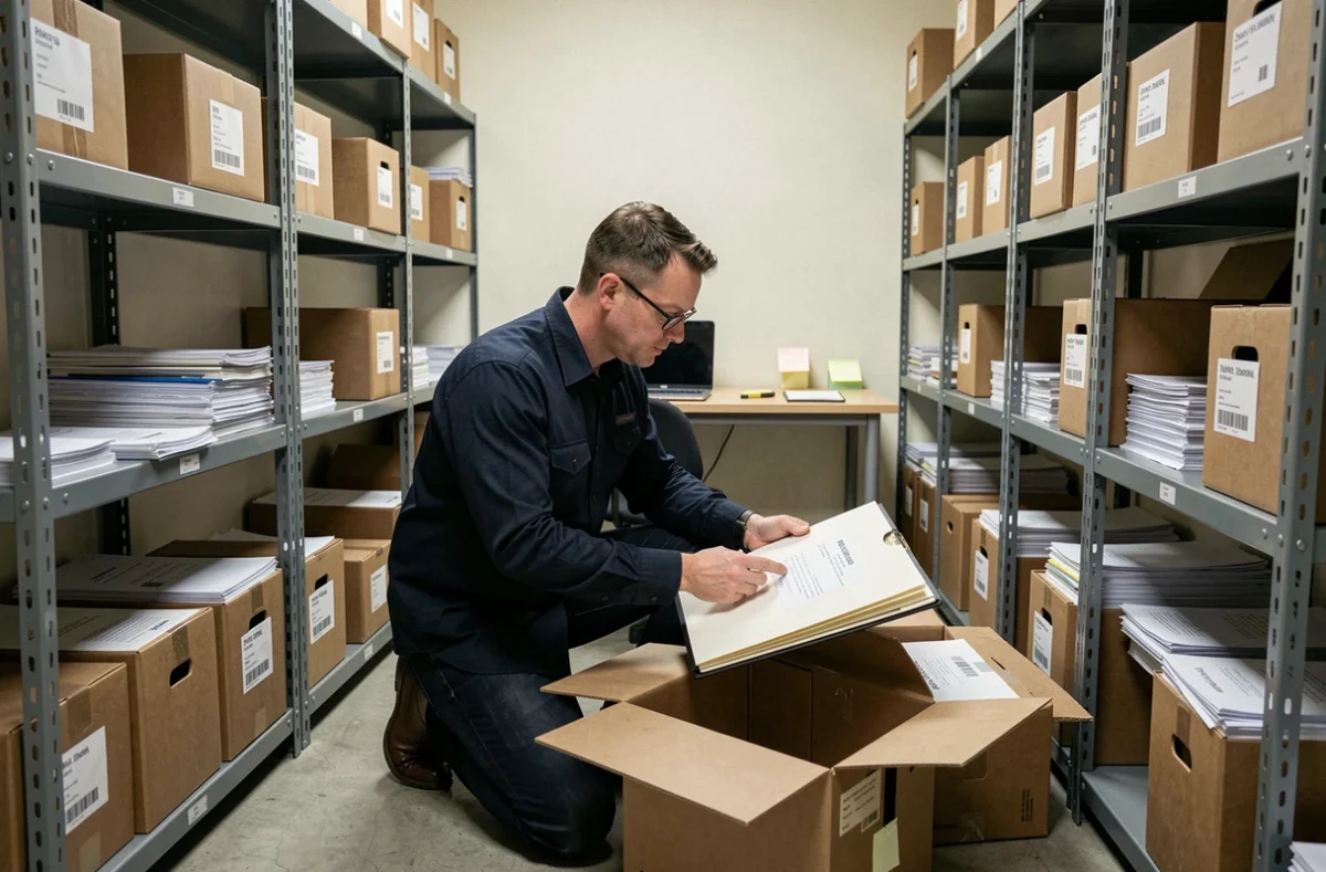 Homme classant des archives professionnelles dans des boîtes d'archivage sur des étagères métalliques dans une salle de conservation institutionnelle