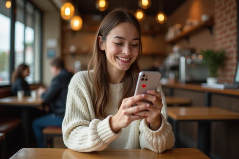 Jeune femme souriante regardant un cœur rouge sur Snapchat dans un café chaleureux