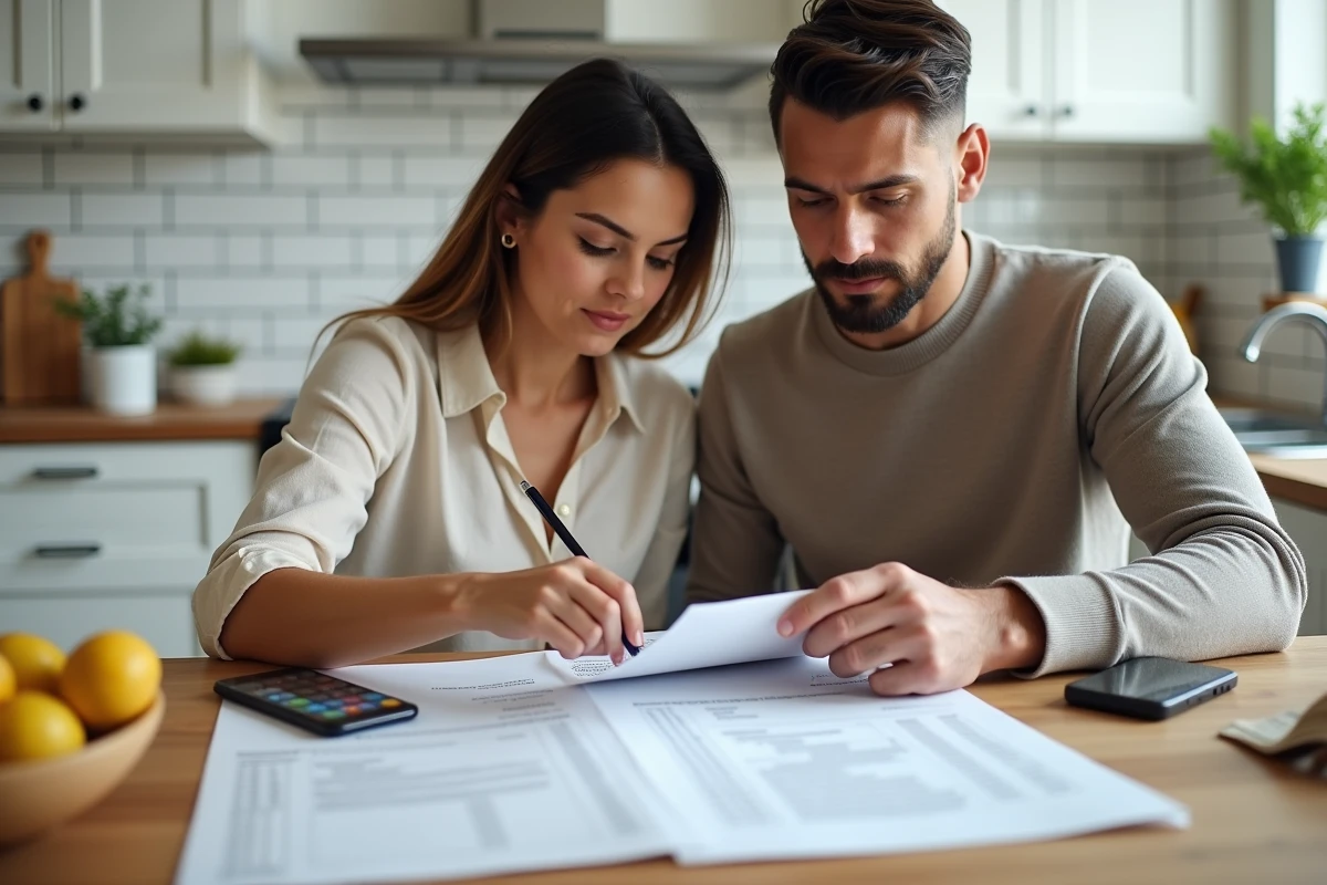 Couple étudiant les frais d'agence iad lors de la signature d'un compromis de vente immobilière