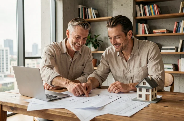 Couple étudiant des plans immobiliers sur une table en bois dans un appartement moderne, entourés de documents et d'un modèle de maison