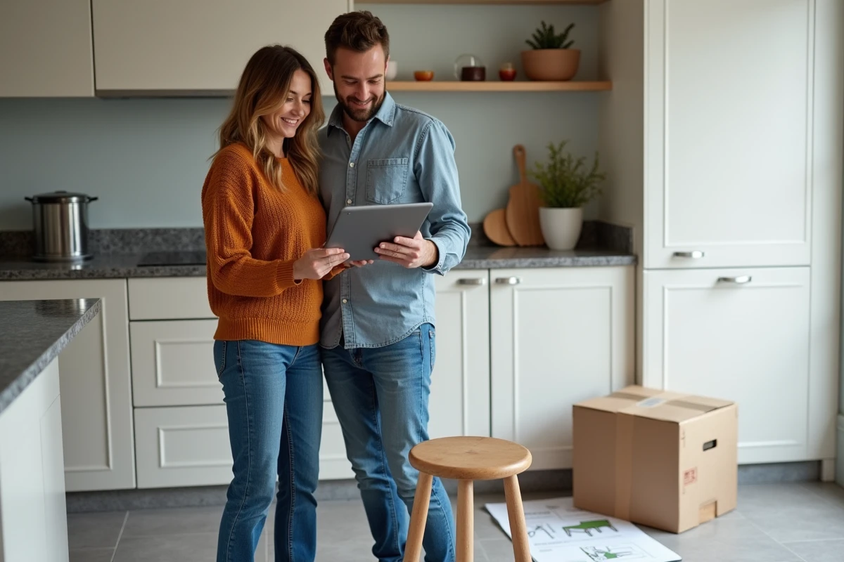 Couple consultant le site Homcom Canada en français dans une cuisine moderne avec tabouret assemblé