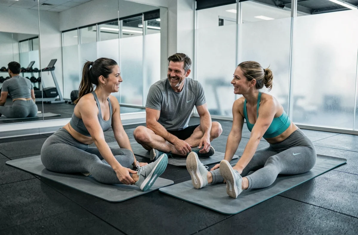 Groupe de personnes pratiquant le sport ensemble dans une salle Basic Fit avec abonnement partagé