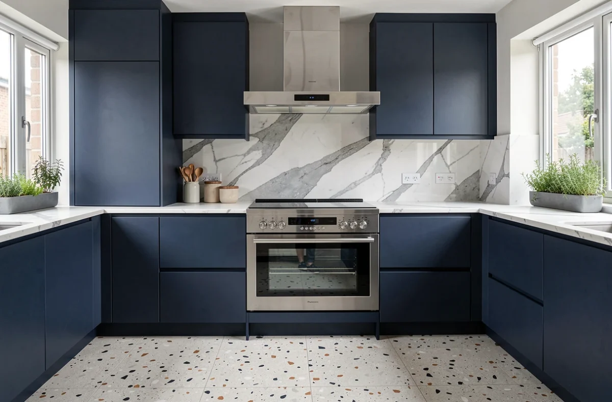 Cuisine moderne rénovée avec équipements haut de gamme et plan de travail en marbre pour un intérieur modernisé