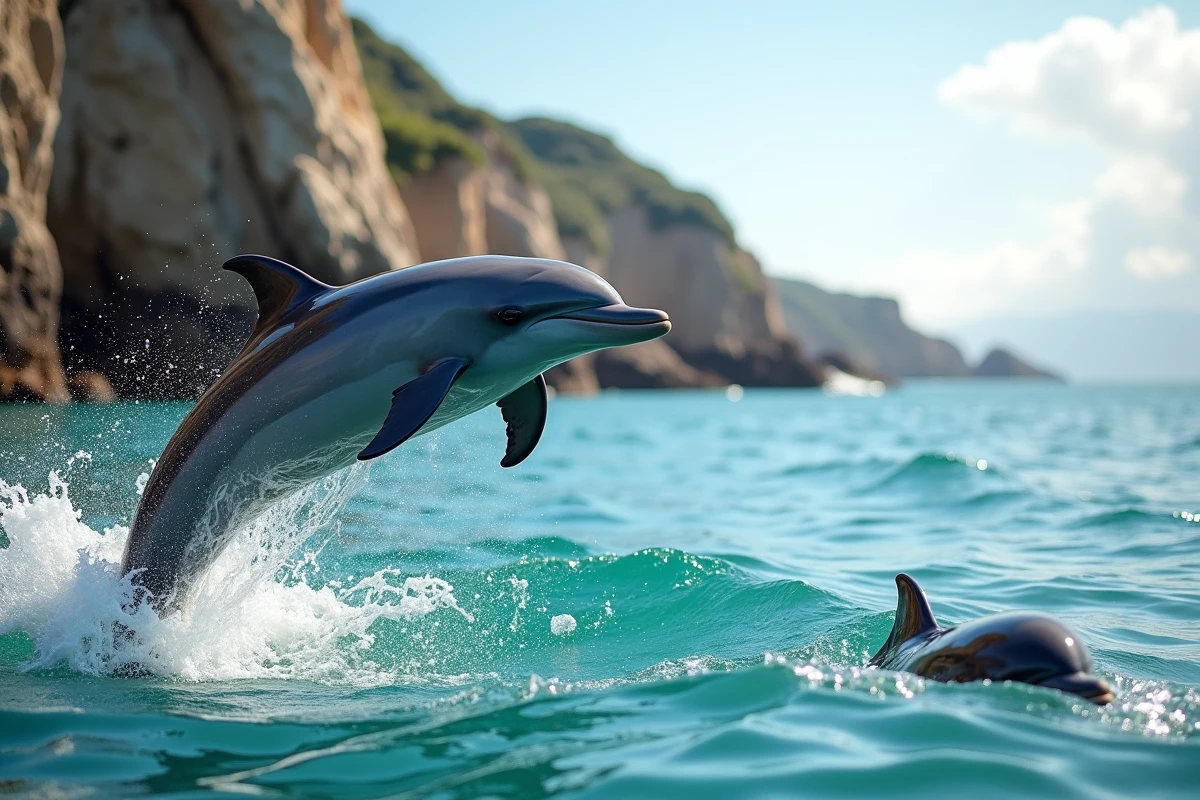 Dauphin souffleur bondissant hors de l'eau turquoise près de falaises rocheuses côtières