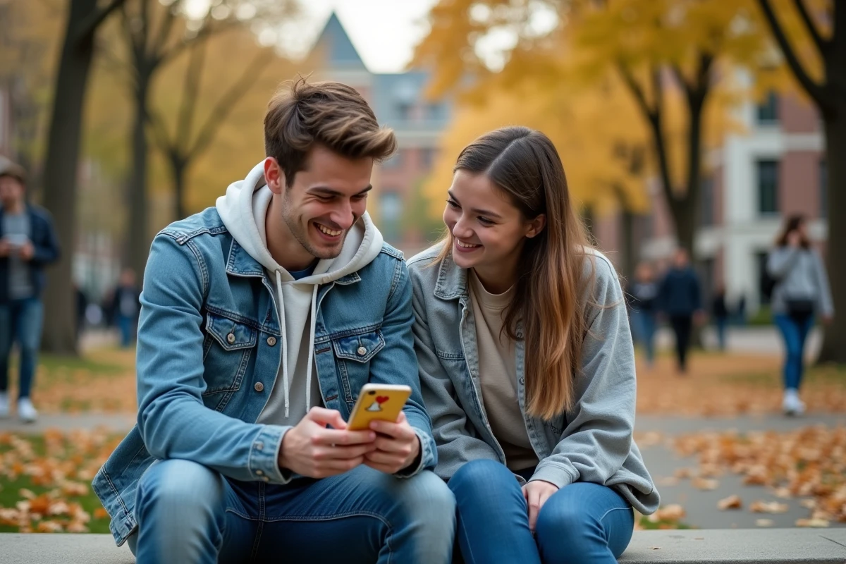 Deux amis consultant Snapchat ensemble sur un campus universitaire avec un cœur rouge visible