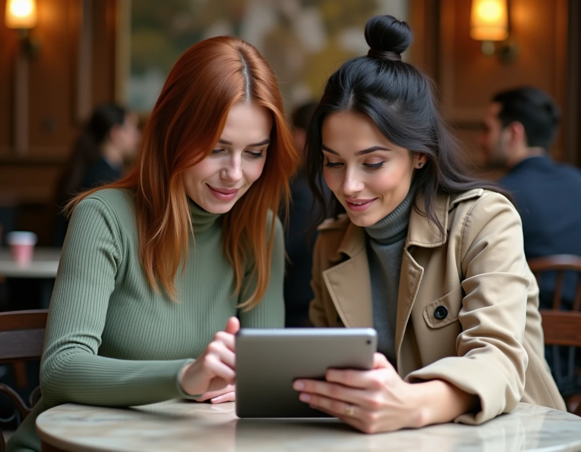 Deux femmes explorant ensemble la structure du site Autour de Chloé sur une tablette dans un café parisien