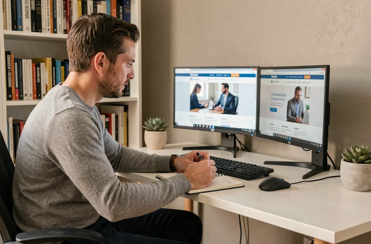 Dirigeant de PME recherchant en ligne comment contacter une équipe d'experts depuis son bureau à domicile