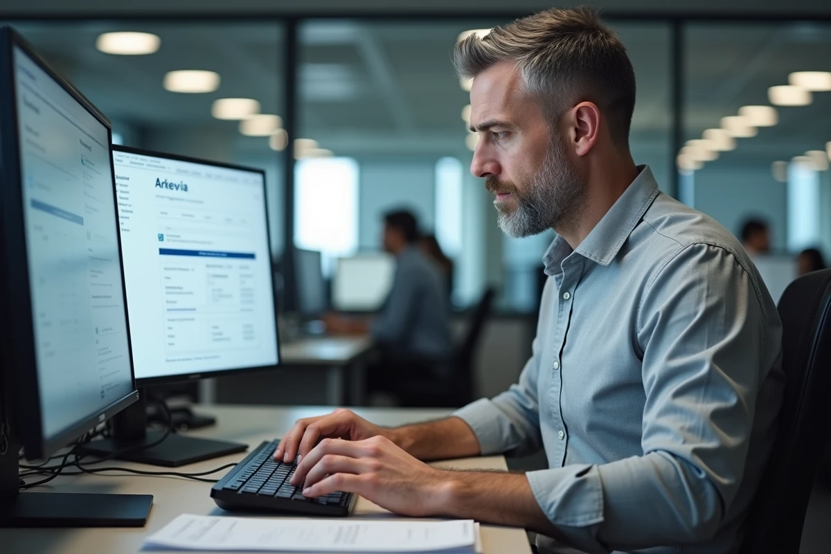 Employé téléchargeant son bulletin de salaire en ligne via le portail Arkevia au bureau