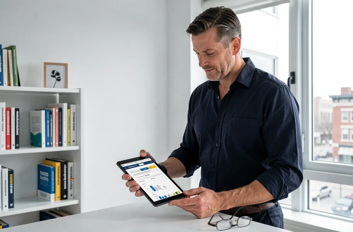 Homme entrepreneur debout dans un bureau à domicile consultant un rapport d'audit SEO sur une tablette, représentant l'optimisation de la visibilité d'un site web