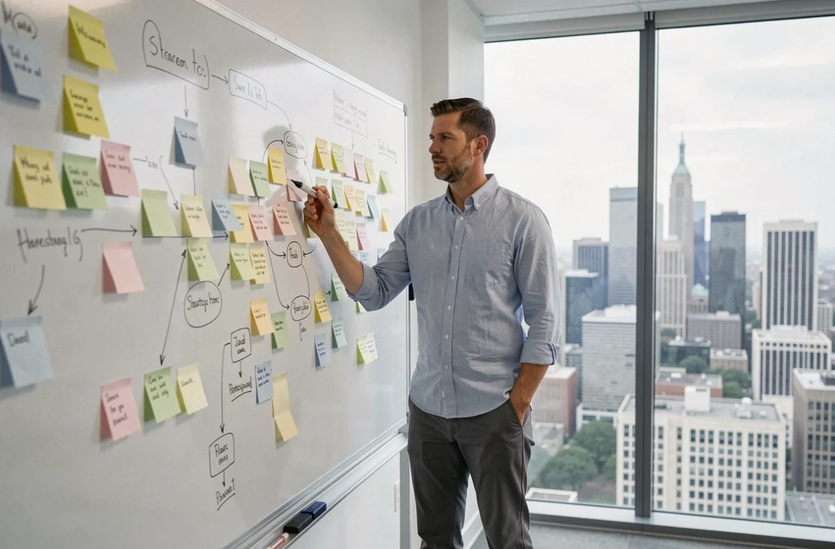 Entrepreneur présentant une stratégie innovante sur un tableau blanc dans un bureau de startup