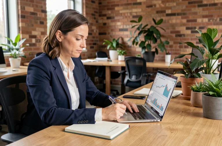 Entrepreneure analysant des données sur un ordinateur portable dans un espace de coworking moderne