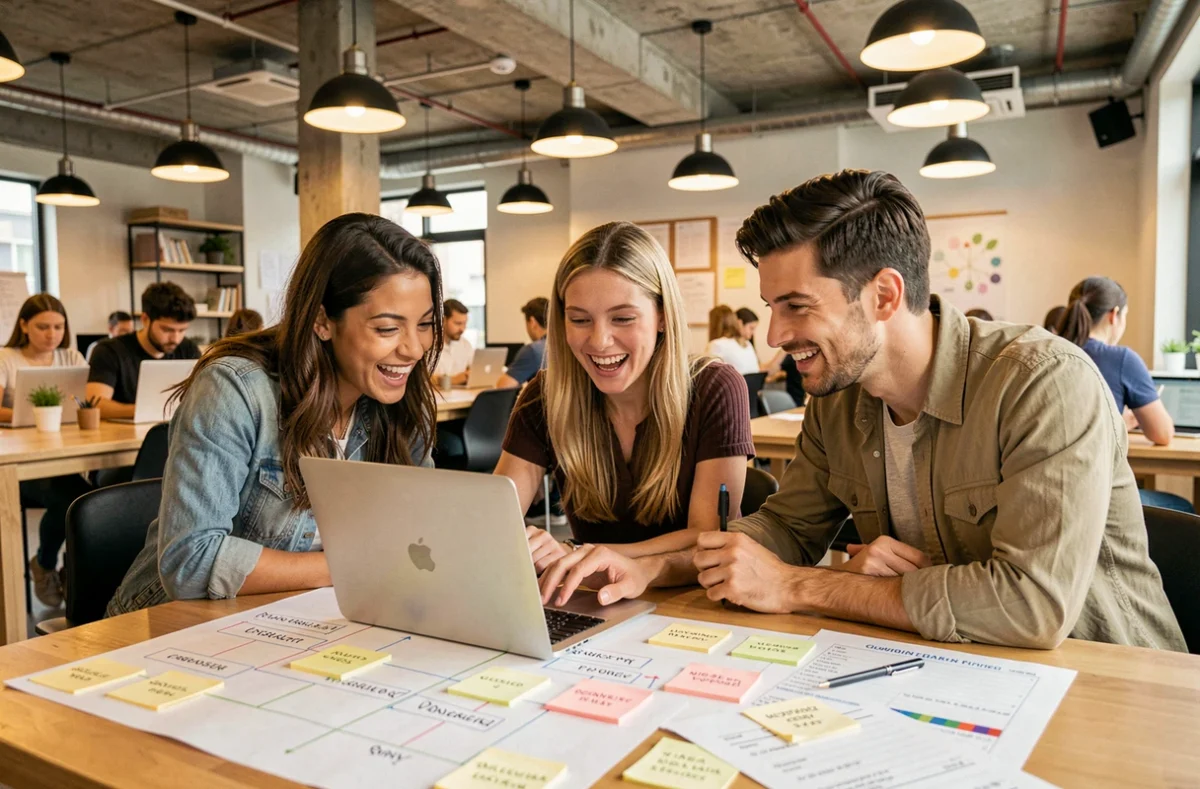 Équipe de professionnels en réunion collaborative autour d'une stratégie SEO dans un espace de coworking, illustrant le travail d'équipe pour améliorer la visibilité en ligne