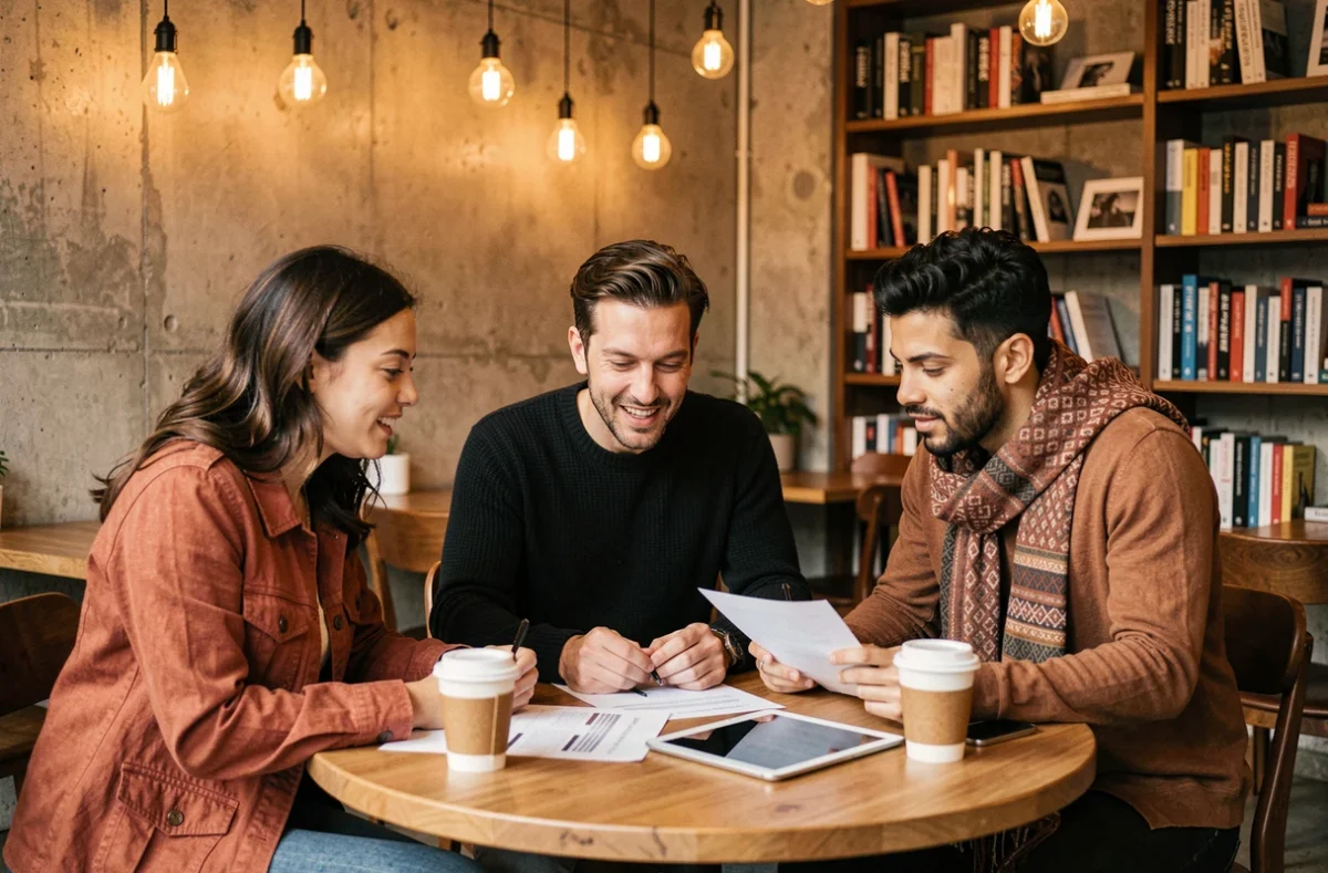 Équipe d'entrepreneurs collaborant autour d'une table dans un espace de travail créatif et décontracté