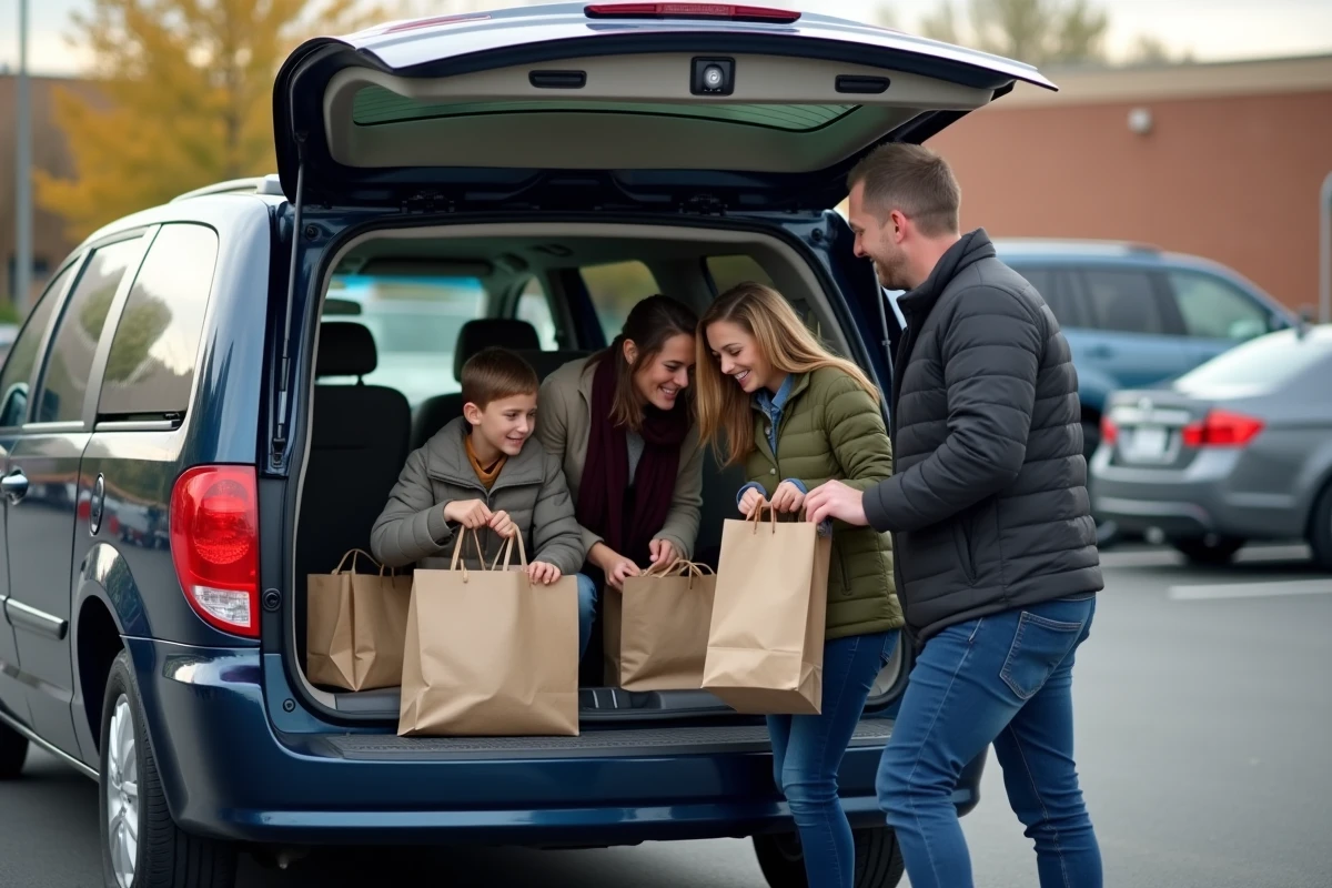 Famille chargeant des courses dans le coffre d'un monospace d'occasion spacieux