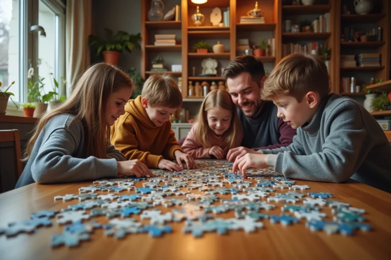 Famille autour d'un puzzle géant dans un salon chaleureux