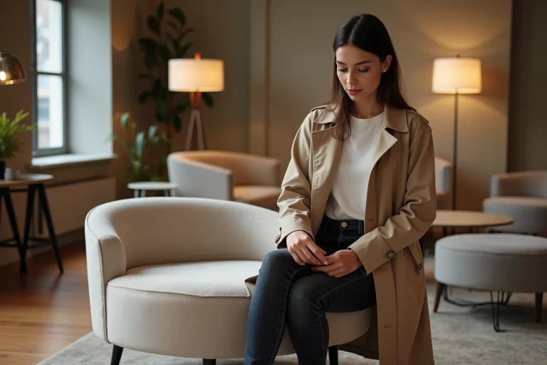 Femme élégante examinant une chaise design dans un showroom