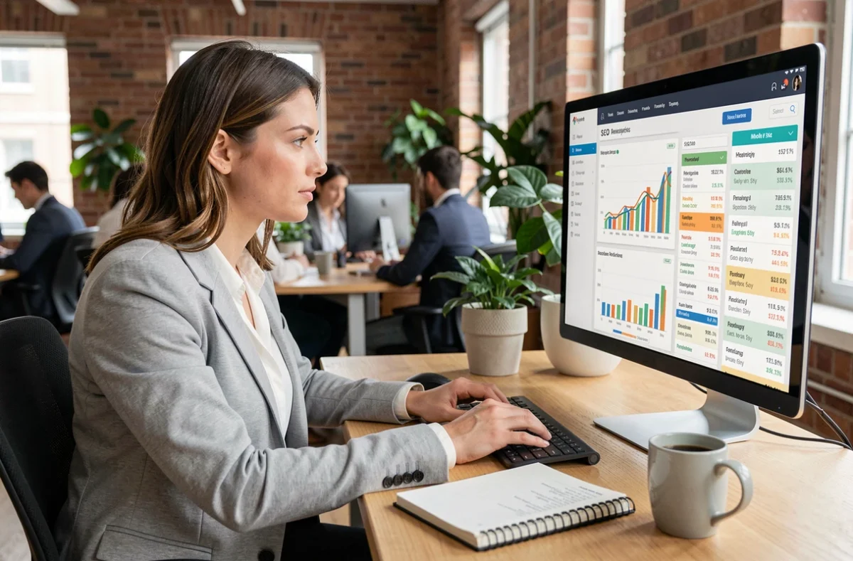 Femme professionnelle analysant des données SEO sur un grand écran dans un bureau moderne, illustrant la stratégie de visibilité en ligne