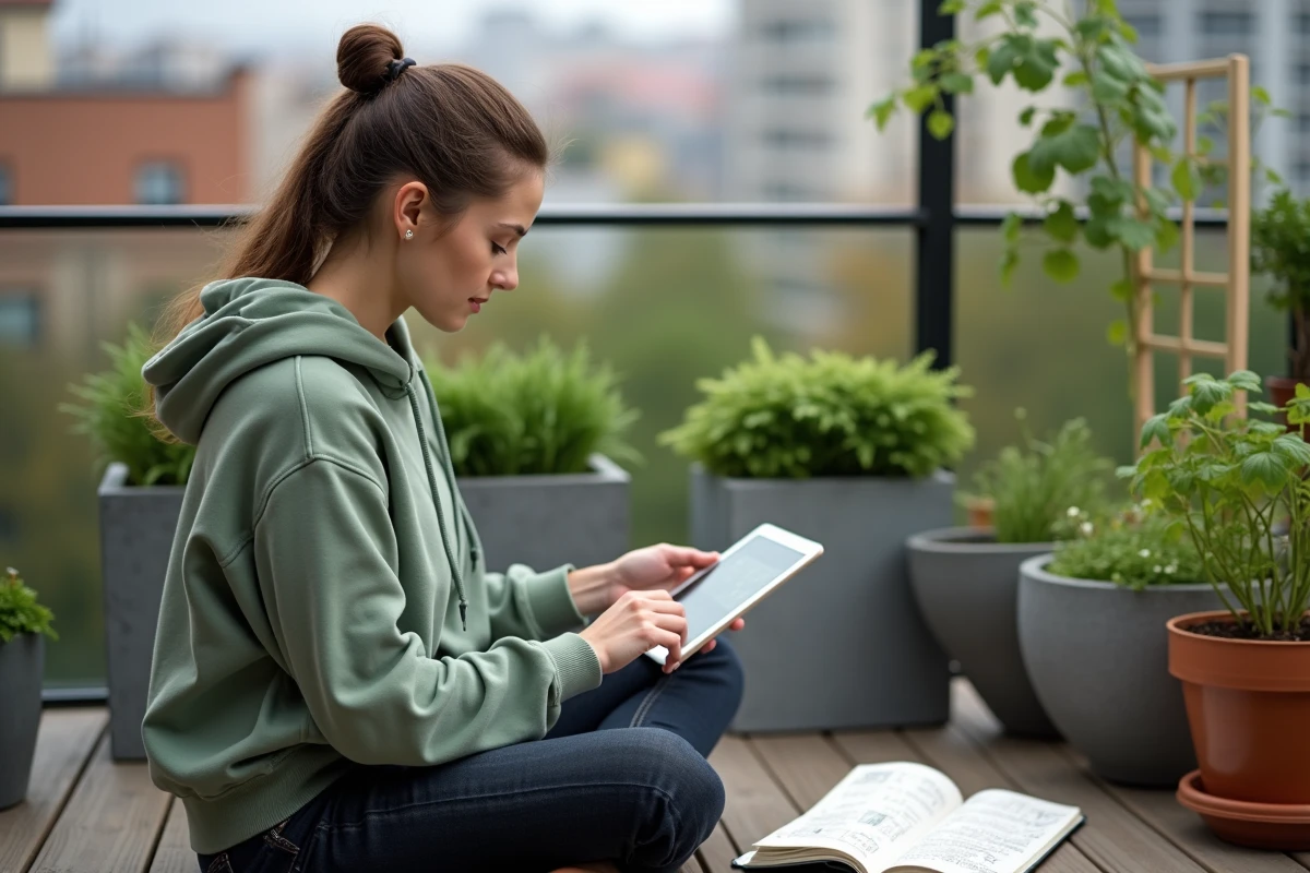 Jeune femme consultant une application de jardinage sur tablette sur une terrasse urbaine entourée de plantes en pot
