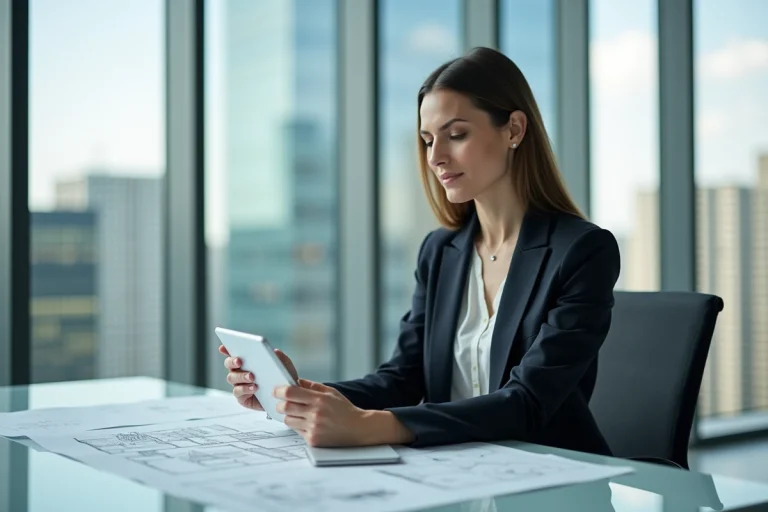 Femme architecte en blazer avec tablette dans un bureau moderne