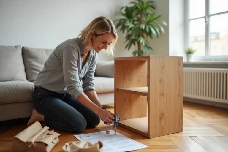 Femme assemblant une étagère Homcom dans un salon moderne avec parquet en bois