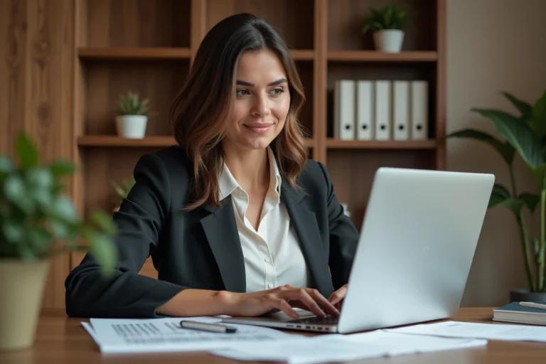Femme d'affaires regardant des annonces immobilières sur son ordinateur