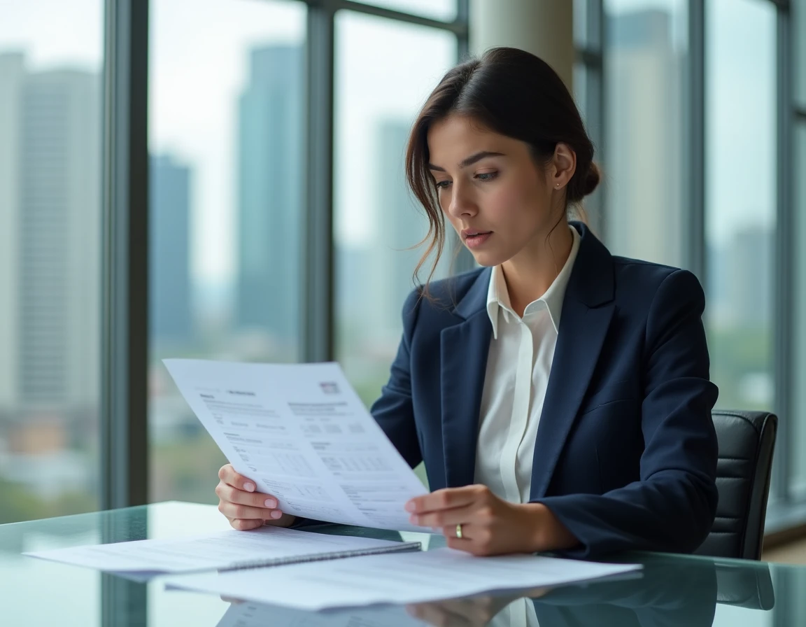 Femme cadre en costume marine analysant un comparatif de salaires dans les Big Four dans un bureau moderne avec vue sur la ville