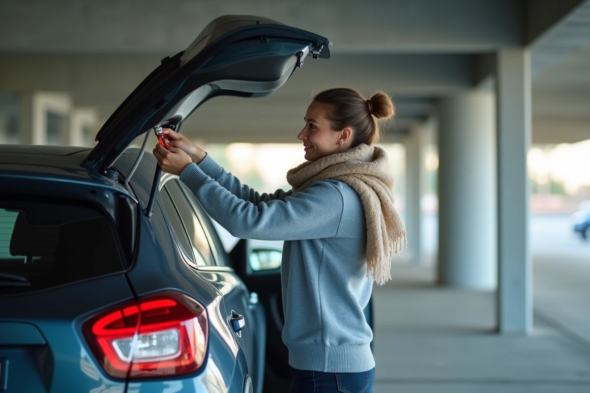 Femme changeant une ampoule dans une voiture en parking