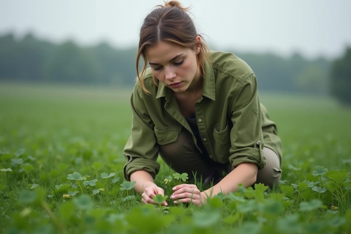 Femme cherchant un trèfle rare à plusieurs feuilles dans un champ verdoyant à la campagne
