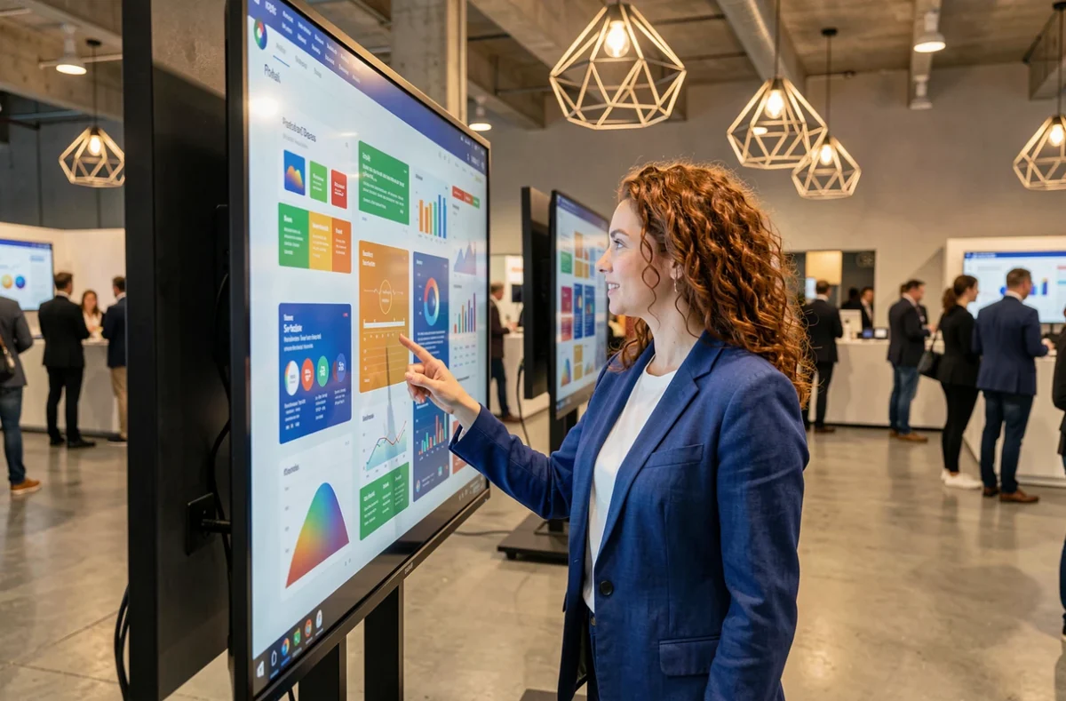 Femme découvrant des interfaces web innovantes sur un écran interactif lors d'une exposition technologique