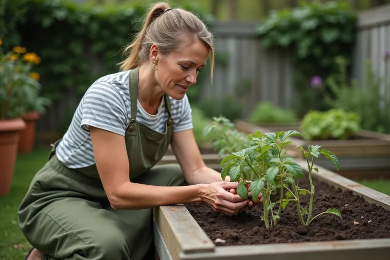 Femme jardinant dans un potager surélevé en bois, enfonçant des plants de tomates dans la terre au printemps