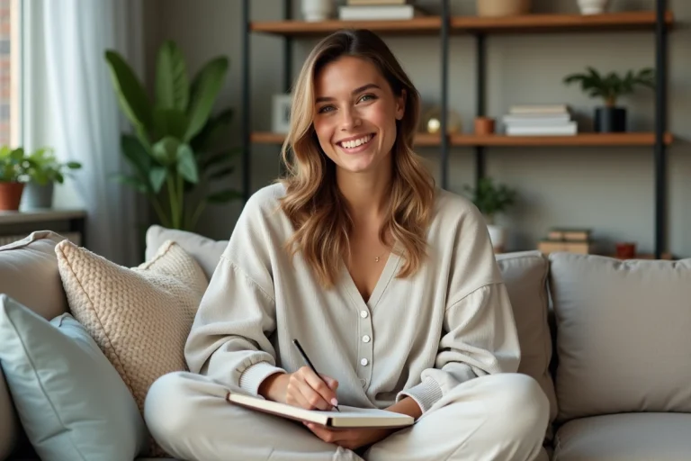 Femme souriante en loungewear écrivant dans un journal dans un salon cosy