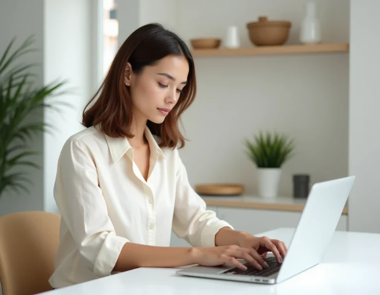 Femme naviguant sur le site Autour de Chloé depuis un bureau minimaliste à domicile