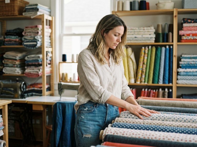 Femme stylée dans un magasin de tissus organisé