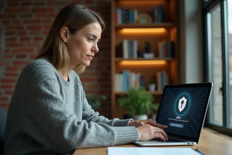 Femme utilisant un VPN sur son ordinateur portable dans un bureau à domicile moderne pour sécuriser sa navigation en ligne