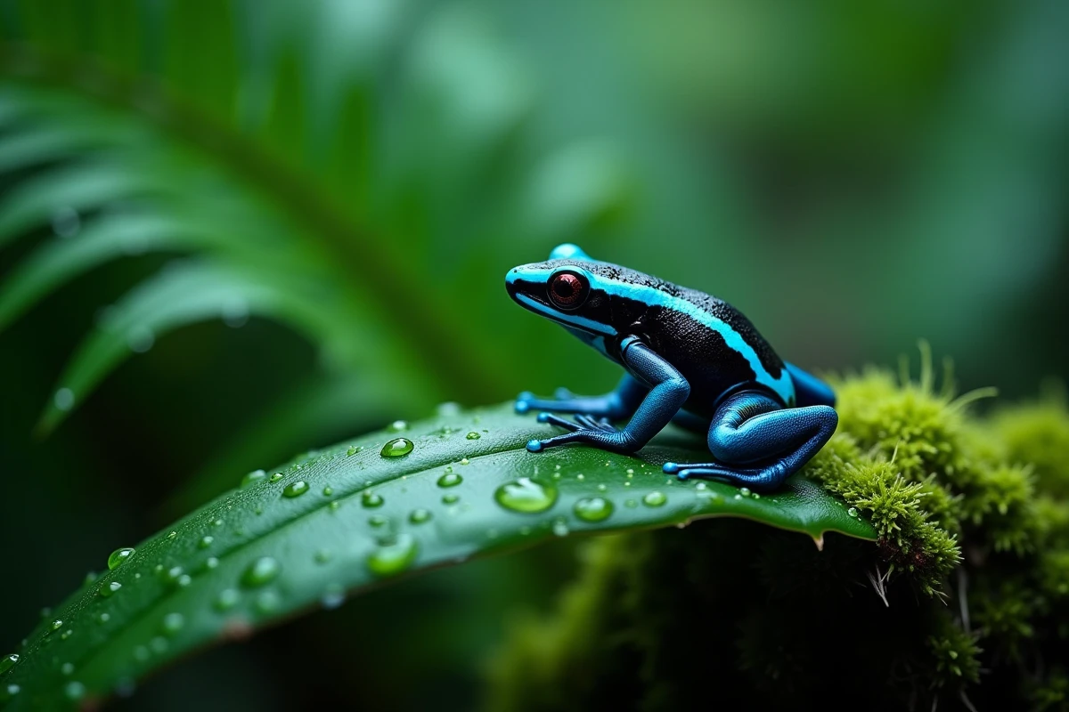Grenouille dendrobate aux couleurs vives sur une feuille humide dans une forêt tropicale