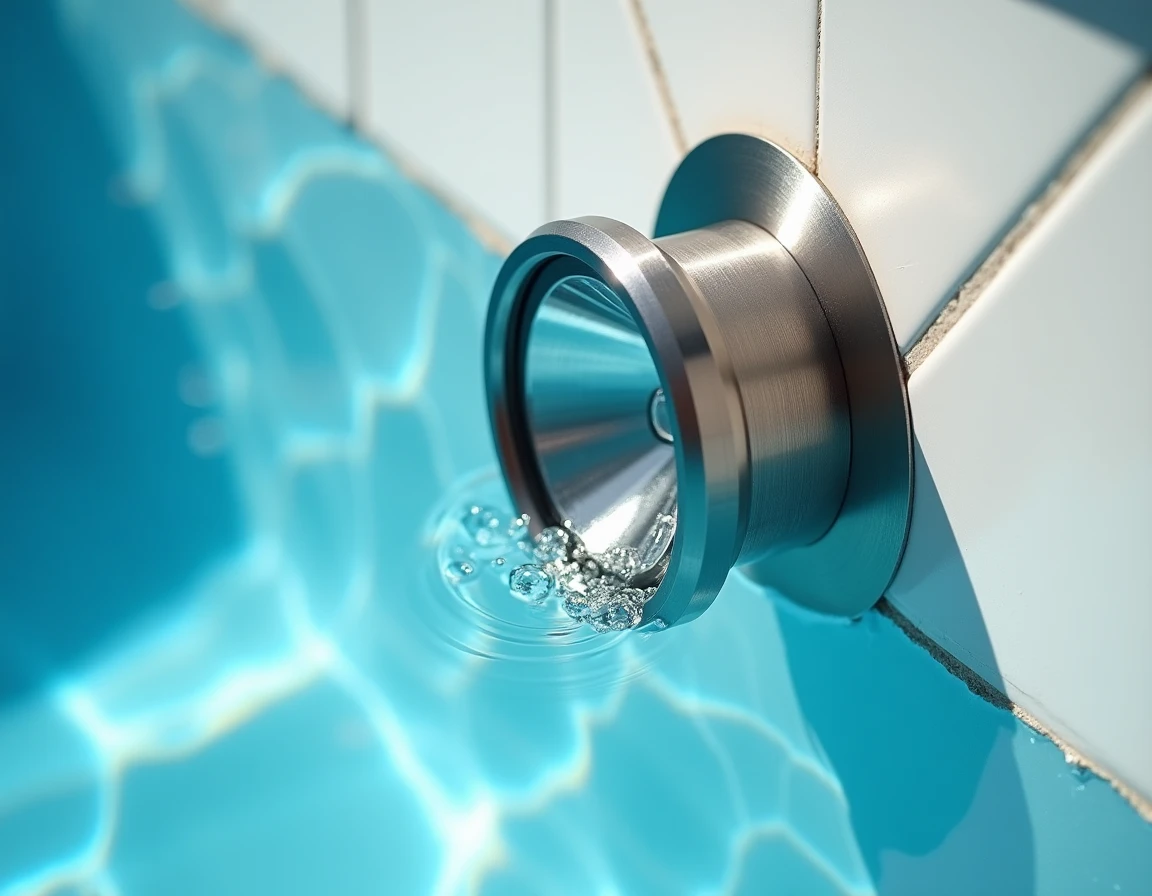 Gros plan sur un spot subaquatique en inox encastré dans la paroi carrelée d'une piscine, détail de l'installation sous l'eau
