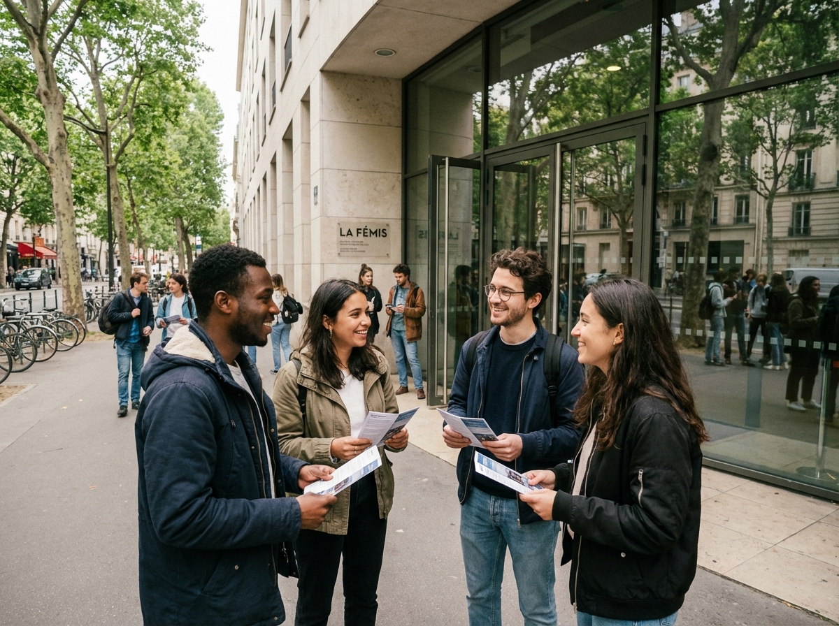 Groupe de jeunes devant une école de cinema française